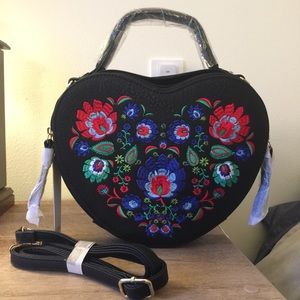 LAST ONE Black Embroidered Heart Crossbody